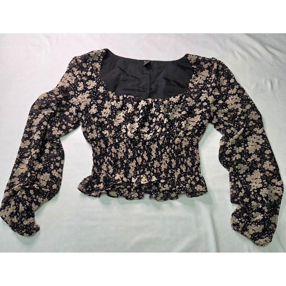 Windsor Women's Small Smocked Dark Floral Milkmaid LS Crop Top Delicate Boho y2k